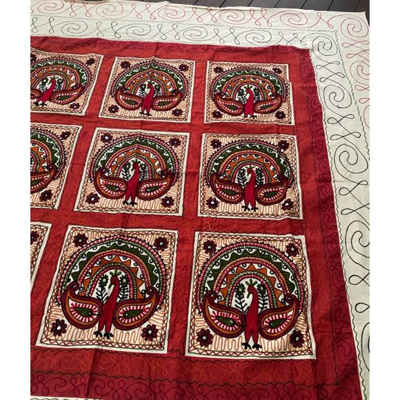 Block Embroidered Indian Cotton Peacock Quilt Light Boho Summer Bedspread Throw - Picture 4 of 16